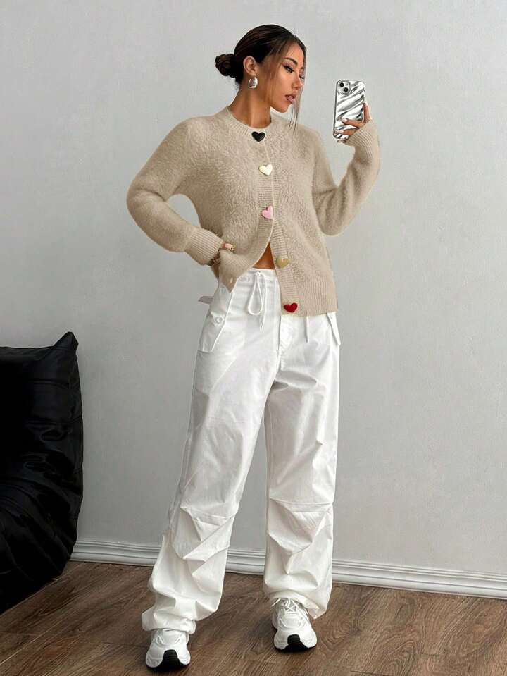 CM-CS364444 Women Casual Seoul Style Colorful Heart Button Front Cardigan - Apricot