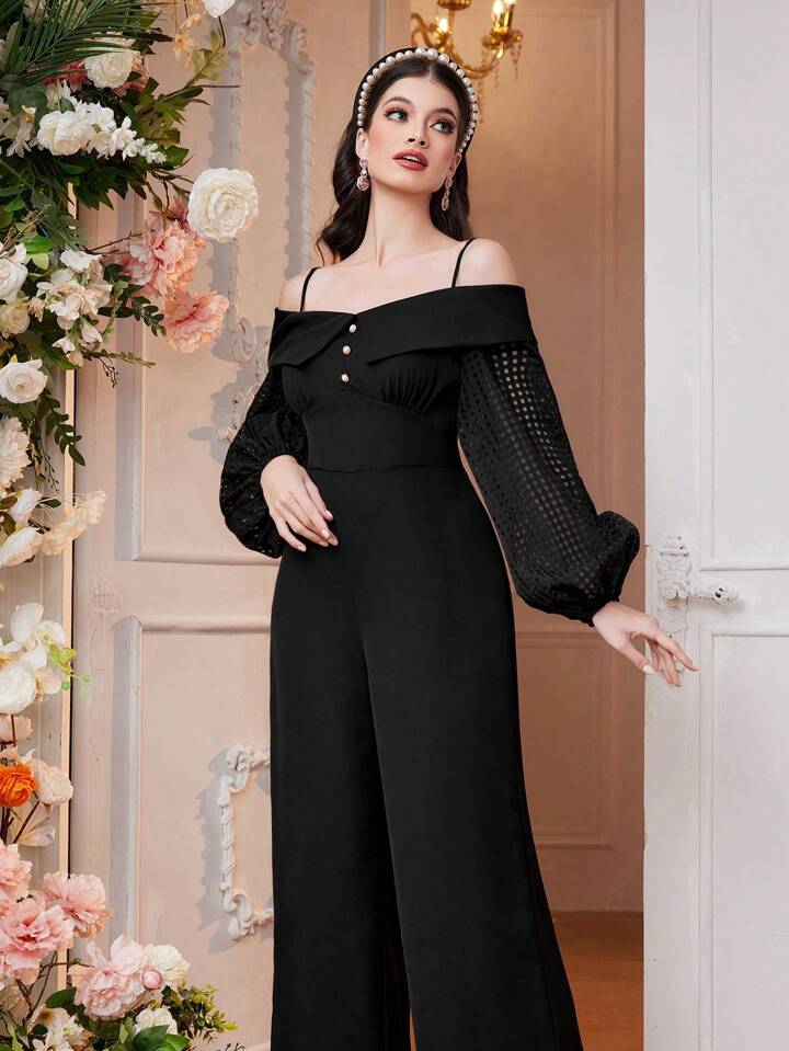 CM-JS392998 Women Elegant Seoul Style Off Shoulder Lantern Sleeve Jumpsuit - Black