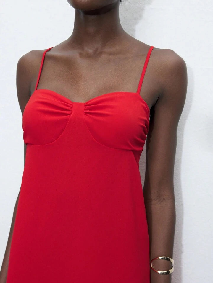 CM-DS827997 Women Casual Seoul Style Solid Color Spaghetti Strap Sleeveless Midi Dress - Red