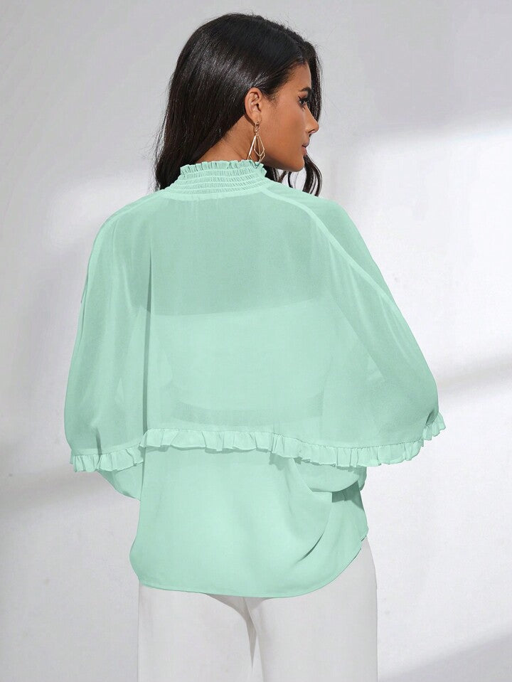CM-TS424014 Women Trendy Bohemian Style Shirred Neck Batwing Sleeve Sheer Blouse - Green