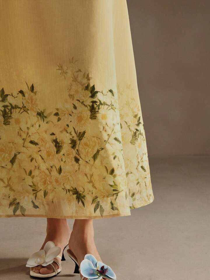 CM-SS855857 Women Elegant Seoul Style Floral Print Crew Neck Puff Sleeve Top With Long Skirt - Set