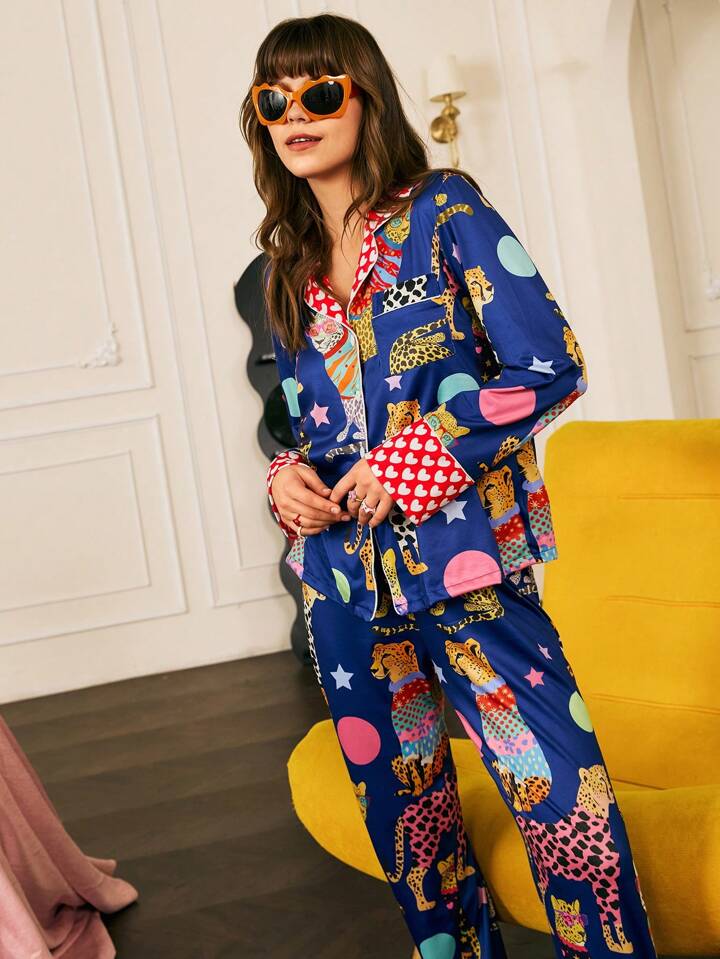 CM-LS514101 Women Trendy Seoul Style Printed Long Sleeve Button Up Top With Pants Pajama Set - Royal Blue