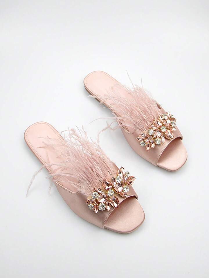 CM-SHS060010 Women Trendy Seoul Style Rhinestone Decor Satin Slide Open Toe Sandals - Baby Pink