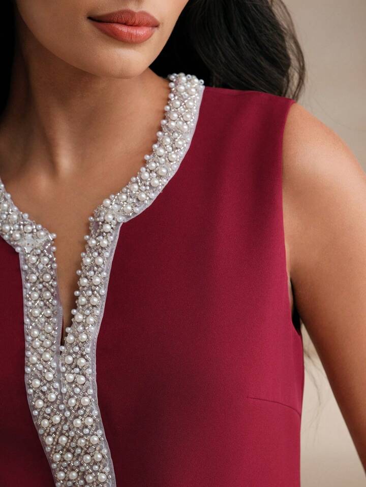 CM-DS072959 Women Elegant Seoul Style Embellished Beaded Notched Neckline Sleeveless Dress - Burgundy