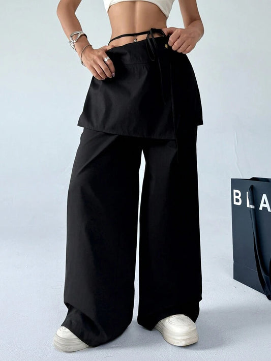 CM-BS536531 Women Casual Seoul Style Drop Waist 2 In 1 Skirt Wide Leg Pants - Black