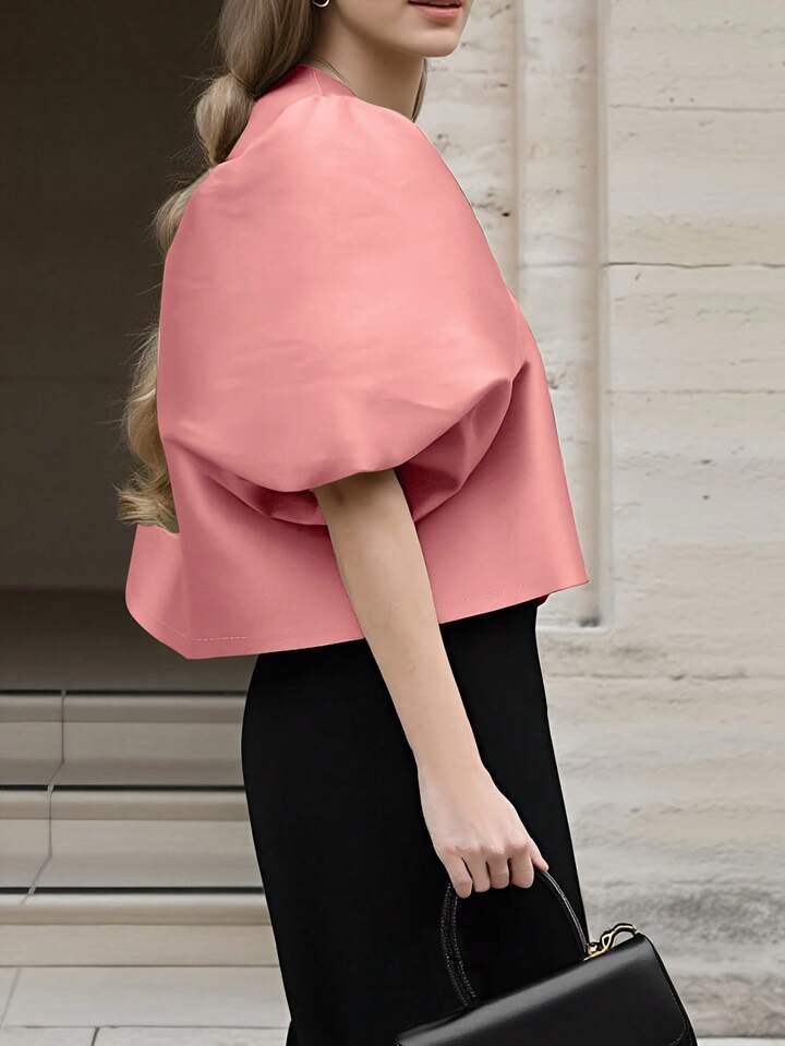 CM-TS476083 Women Elegant Seoul Style Solid Color Round Neck Puff Sleeve Shirt - Pink