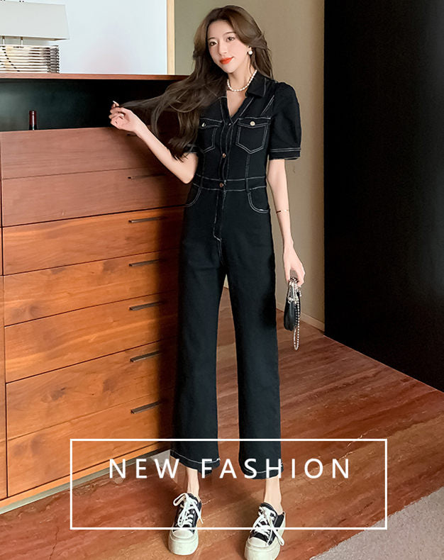 CM-JF071111 Women Elegant Seoul Style Single-Breasted V-Neck Denim Long Jumpsuit - Black