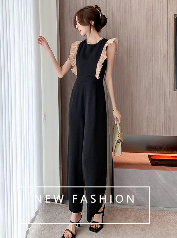 CM-JF071117 Women Elegant Seoul Style High Waist Flouncing Shoulder Wide-Leg Jumpsuit