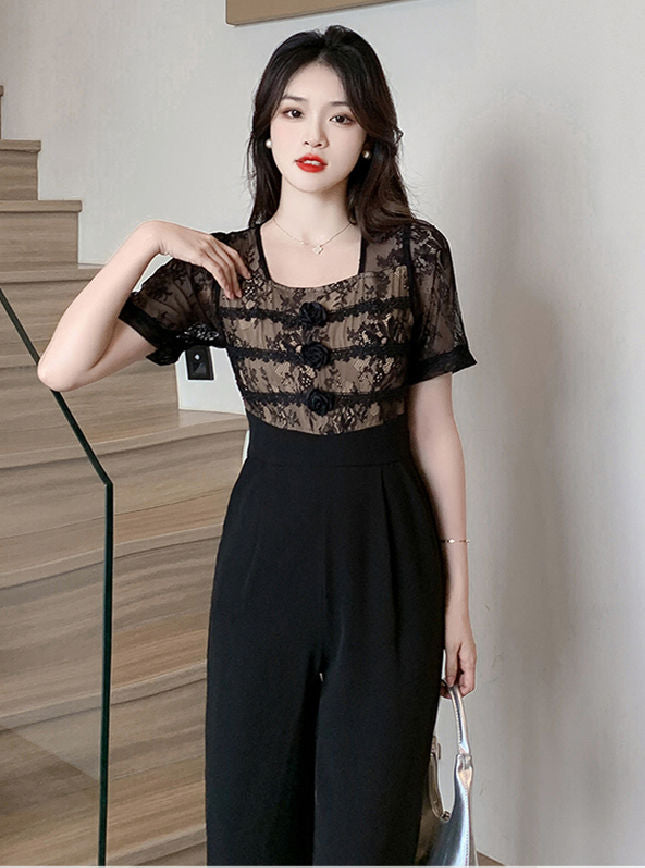 CM-JF071212 Women Elegant Seoul Style High Waist Lace Floral Splicing Long Jumpsuit - Black