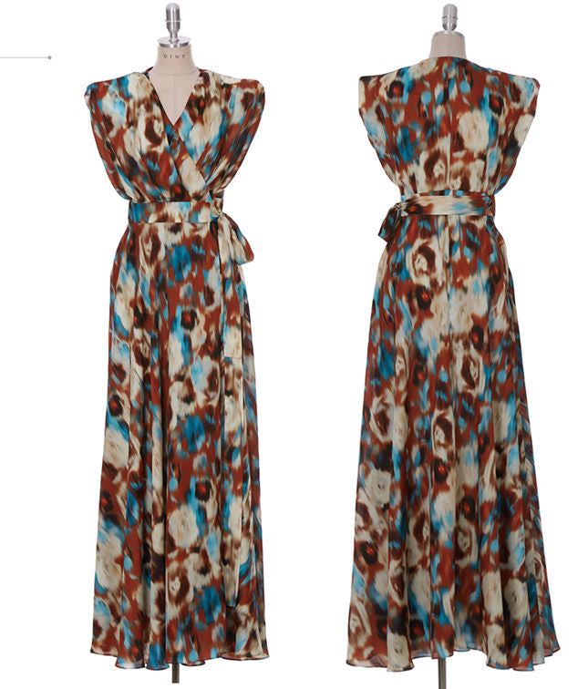 CM-DY075445 Women Vintage European Style V-Neck Tie Waist Split Floral Maxi Dress