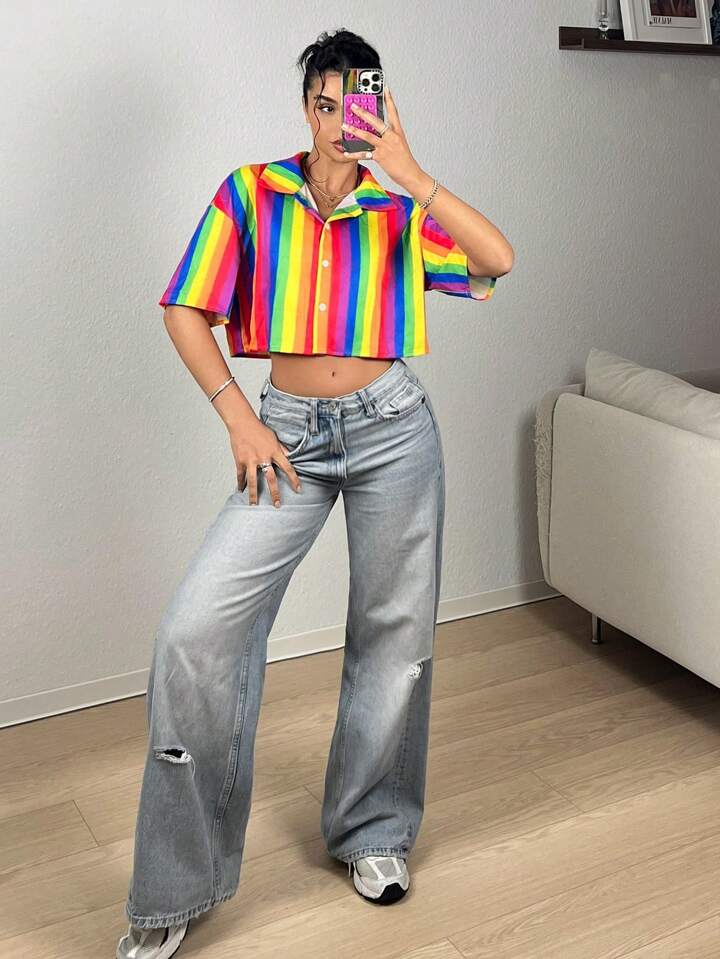 CM-TS108686 Women Casual Seoul Style Rainbow Striped Drop-Shoulder Short Sleeve Shirt