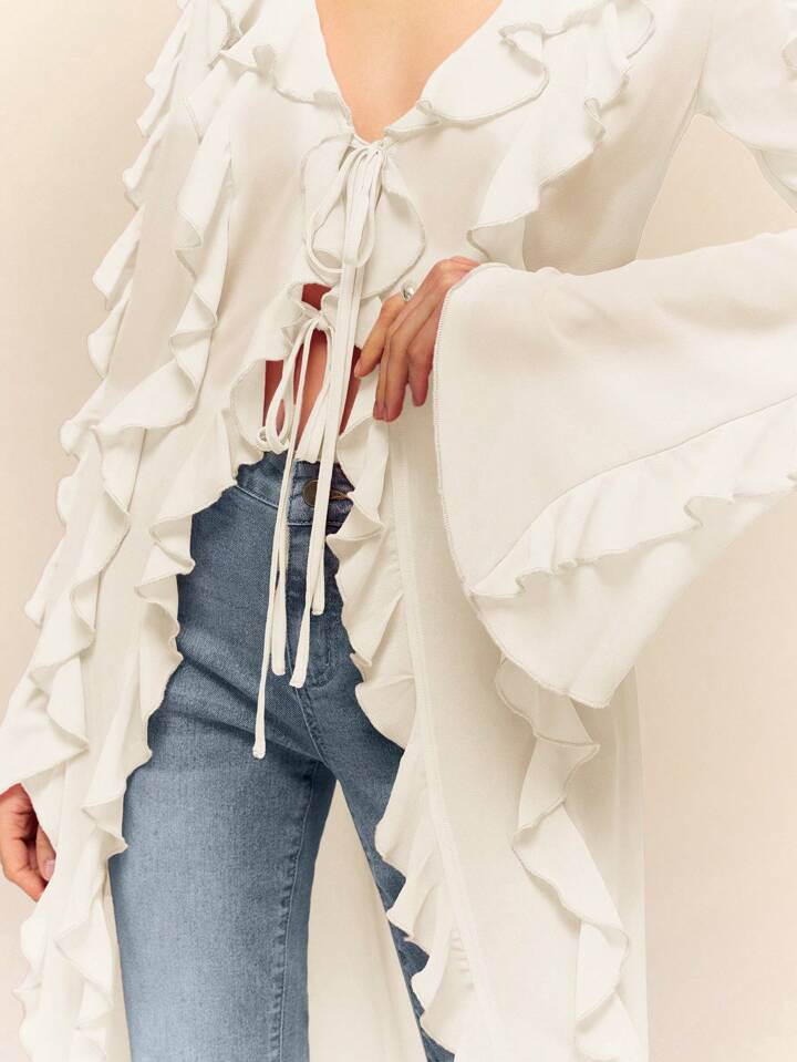 CM-TS176249 Women Casual Seoul Style Ruffle Tie Neck Extra Long Sleeve Sheer Long Shirt - Apricot