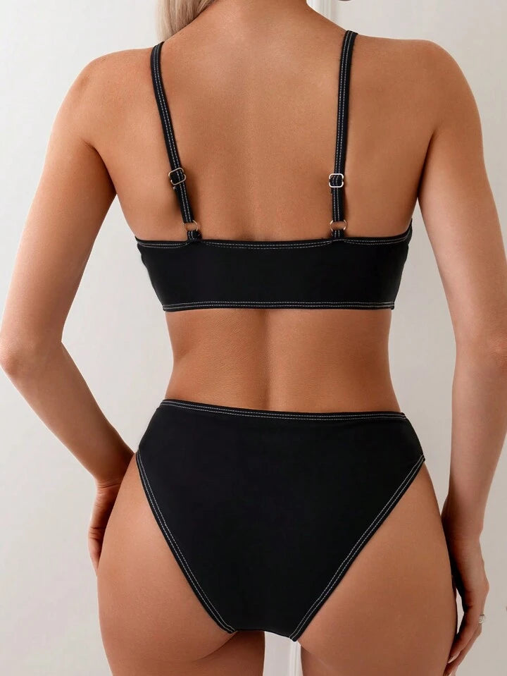 CM-SWS522022 Women Trendy Seoul Style See-Through Deep V-Neck Straps Bikini Set - Black