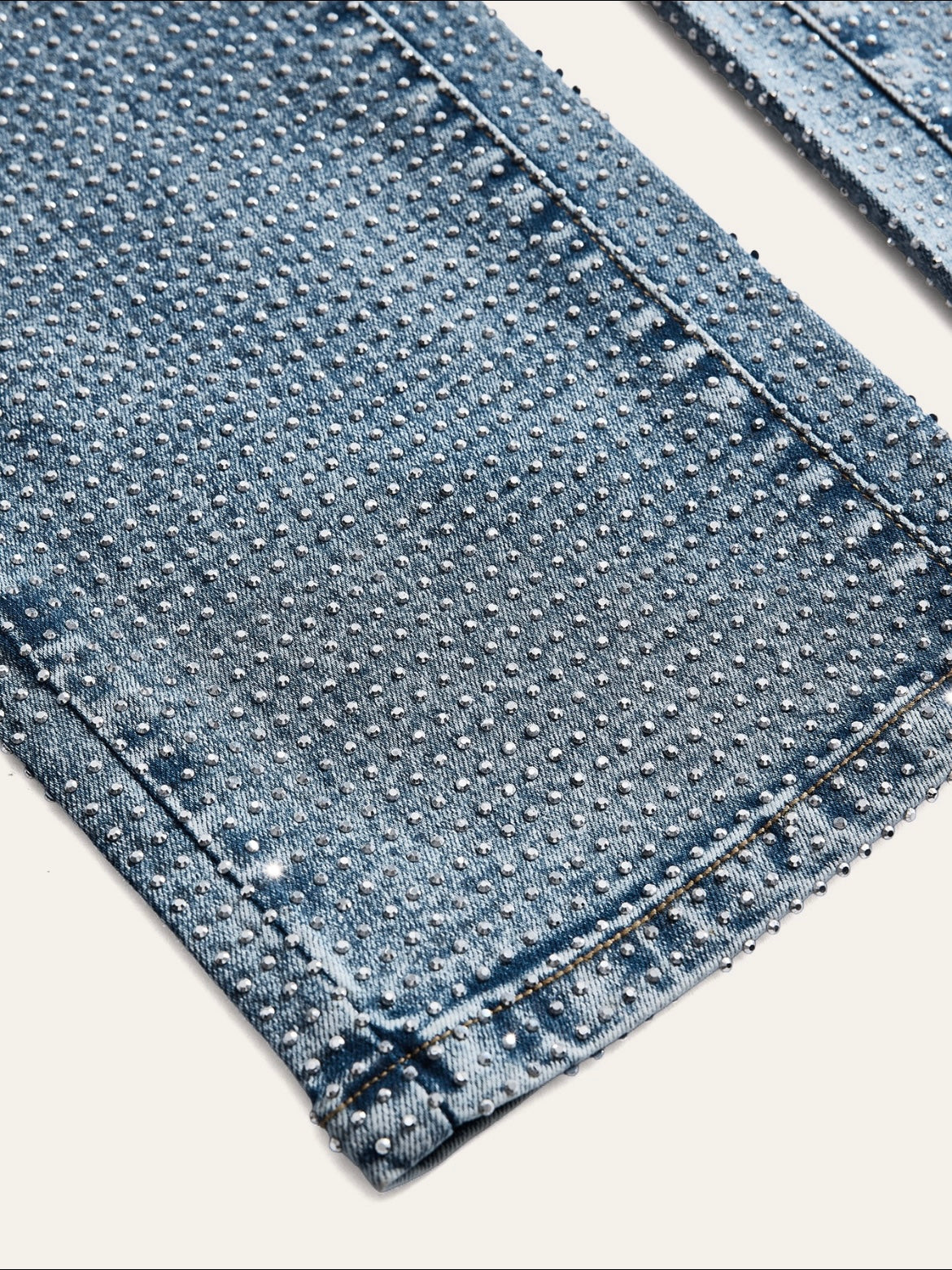 CM-BS562313 Women Elegant Seoul Style Mid Waist Embellished Rhinestone Skinny Straight Leg Jeans - Blue