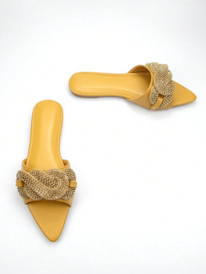 CM-SHS667969 Women Trendy Seoul Style Satin Rhinestone Decor Slide Sandals - Mustard Yellow