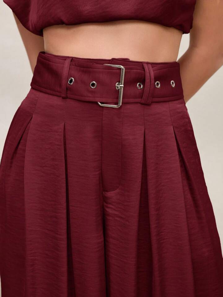 CM-BS089382 Women Casual Seoul Style High Waist Pleated Wide Leg Pants - Burgundy