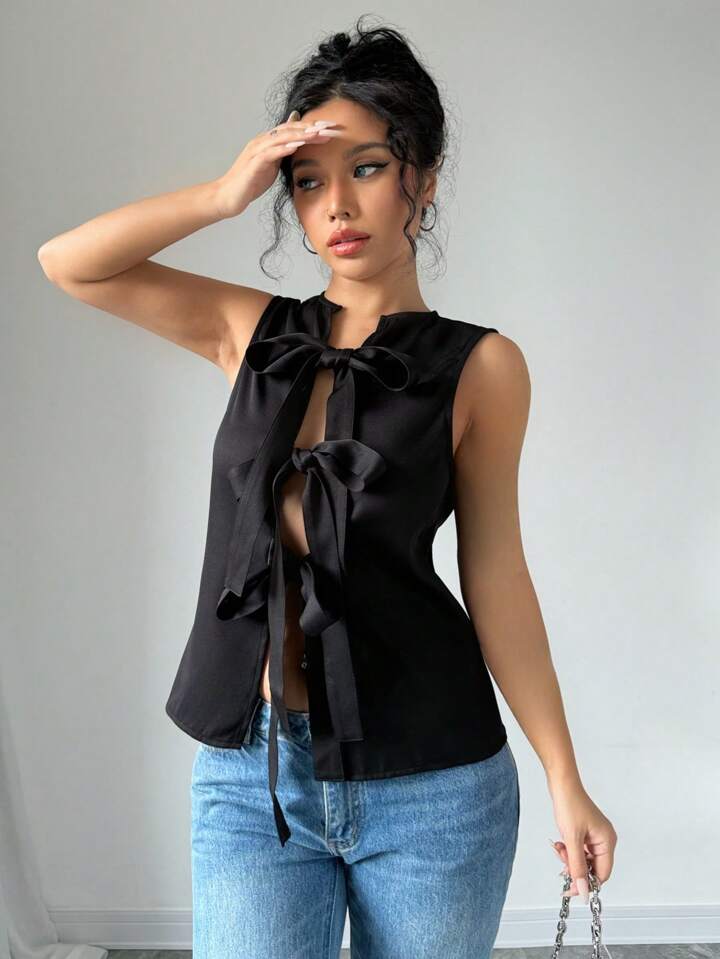 CM-TS907404 Women Casual Seoul Style Solid Color Tie Strap Sleeveless Top - Black