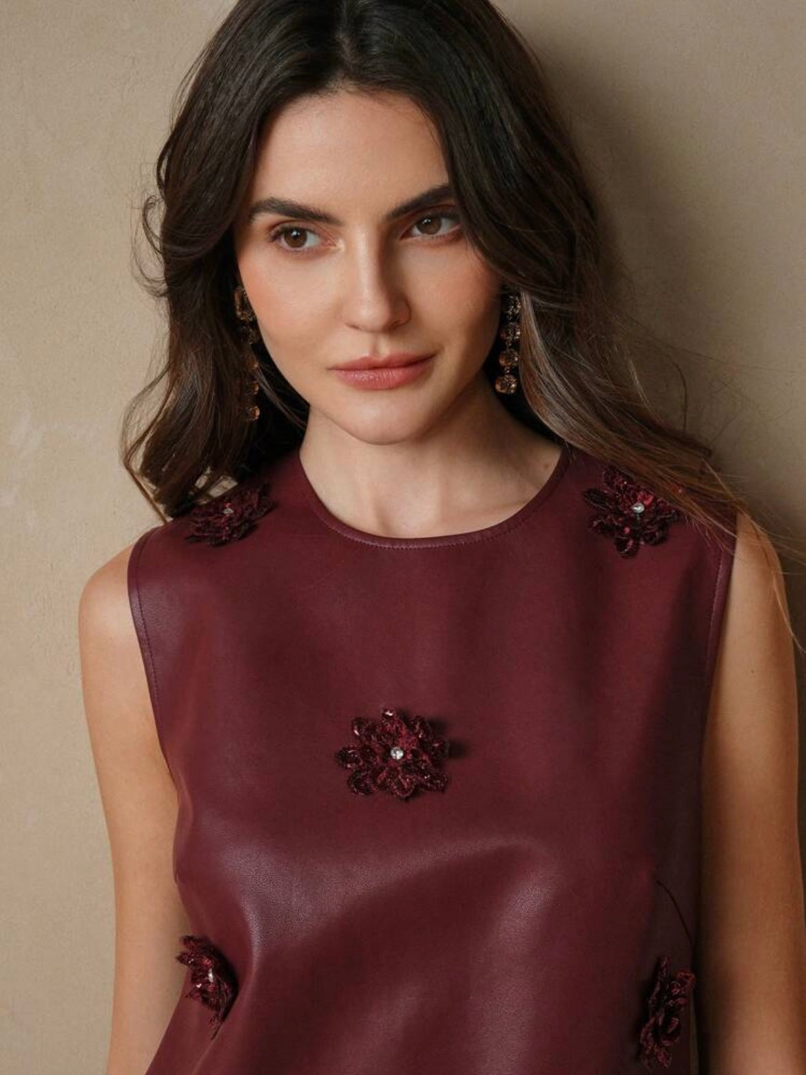 CM-DS187027 Women Elegant Seoul Style Sequin Panel Floral Lace Trim Round Neck Short PU Dress - Burgundy