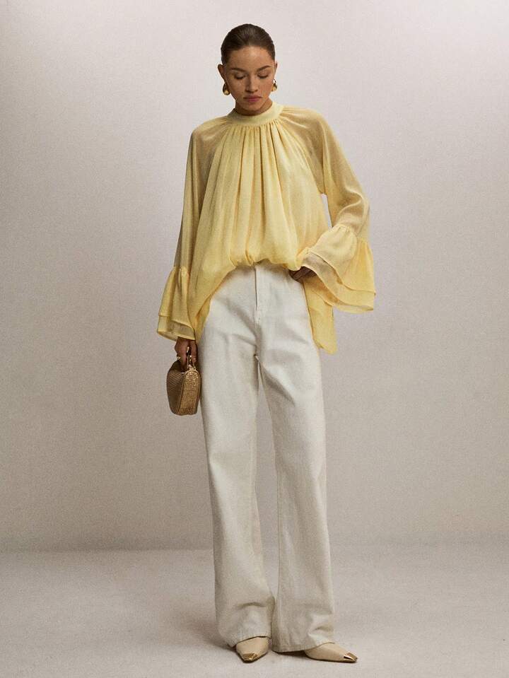 CM-TS396644 Women Casual Seoul Style Stand Collar Ruffled Wide Sleeve Lace Long Sleeve Blouse - Yellow