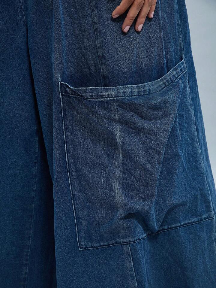 CM-BS112775 Women Casual Seoul Style Dark Wash Oversized Pockets Ultra Wide Leg Jeans