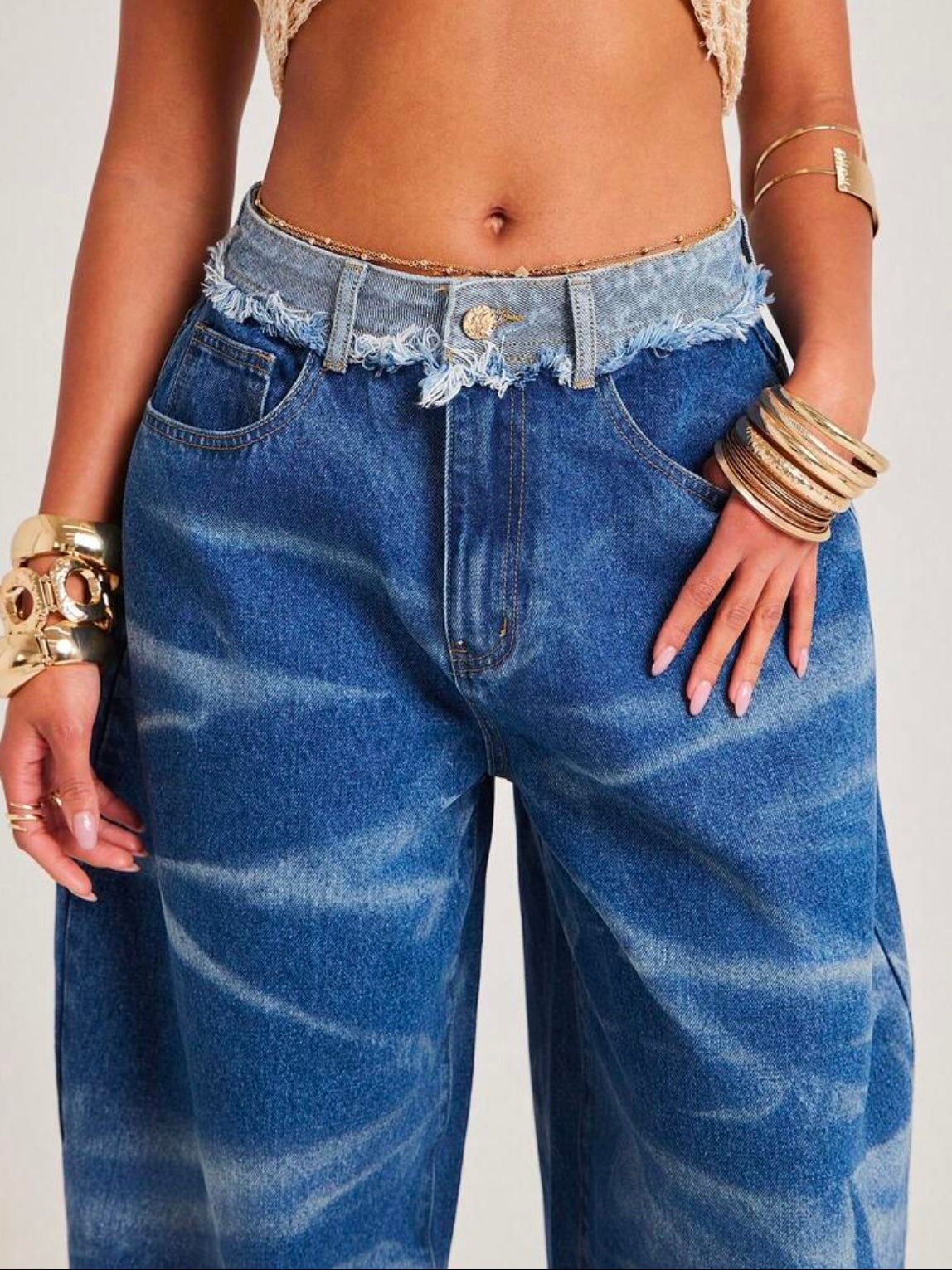 CM-BS065804 Women Casual Seoul Style Medium Wash Cutoff Waistband Baggy Loose Fit Oversized Bermuda Denim Shorts