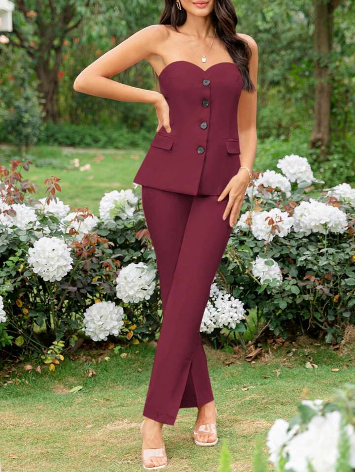 CM-SS905296 Women Elegant Seoul Style Front Buttoned Strapless Top With Flared Pants - Set