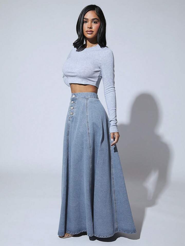 CM-BS877697 Women Casual Seoul Style Light Wash High Waist Button Front Extra Long Denim Skirt