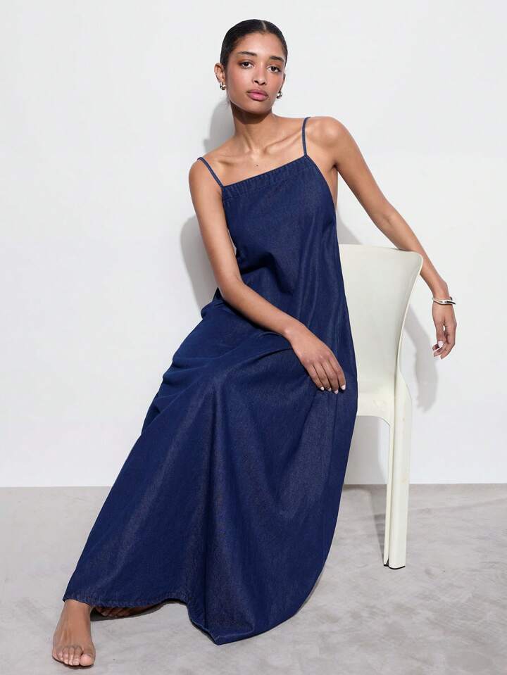 CM-DS922810 Women Casual Seoul Style Dark Wash Spaghetti Strap Slip Backless Denim Dress