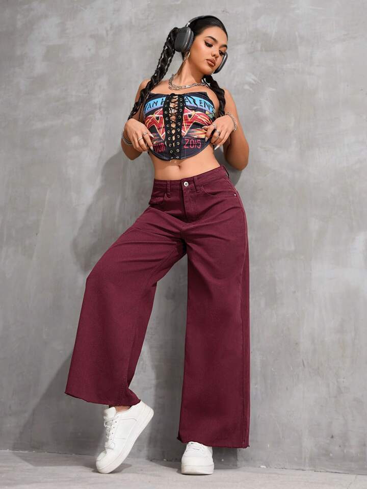 CM-BS311211 Women Casual Seoul Style Solid Color High Waist Wide Leg Jeans - Burgundy