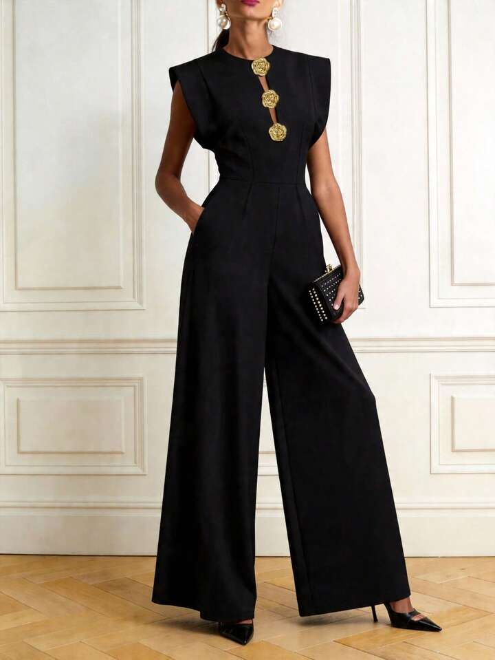 CM-JS170822 Women Elegant Seoul Style Notched Neckline Sleeveless Front Button Zipper Pocket Jumpsuit - Black