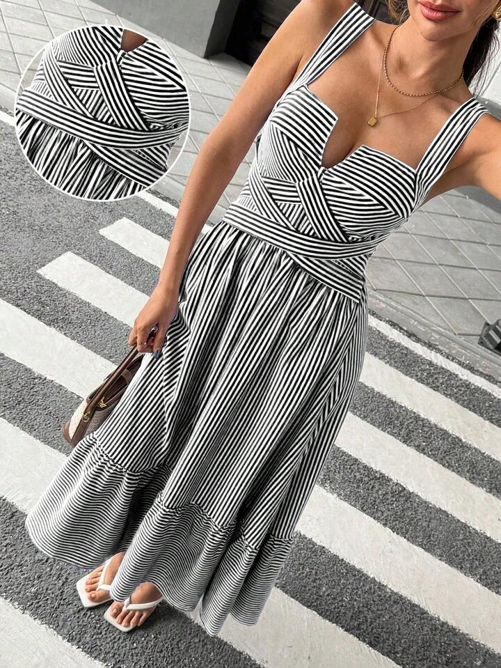 CM-DS395983 Women Trendy Bohemian Style V-Neck Sleeveless Striped Criss-Cross Dress - Black