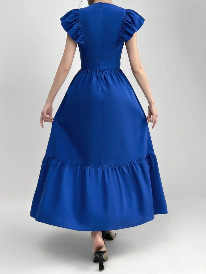 CM-DS591915 Women Casual Seoul Style Round Neck Ruffle Sleeve High Waist A-Line Dress - Blue
