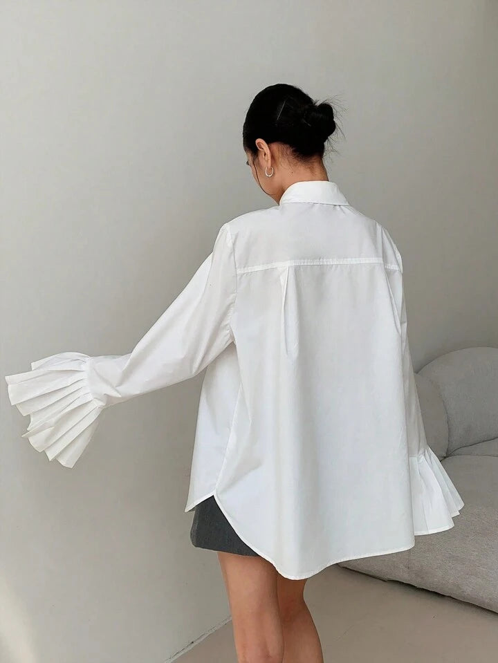 CM-TS094349 Women Casual Seoul Style Collar Neckline Asymmetrical Ruffled Cuffs Shirt - White