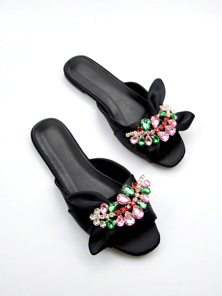 CM-SHS117221 Women Trendy Seoul Style Rhinestone And Bow Decor Slide Sandals - Black