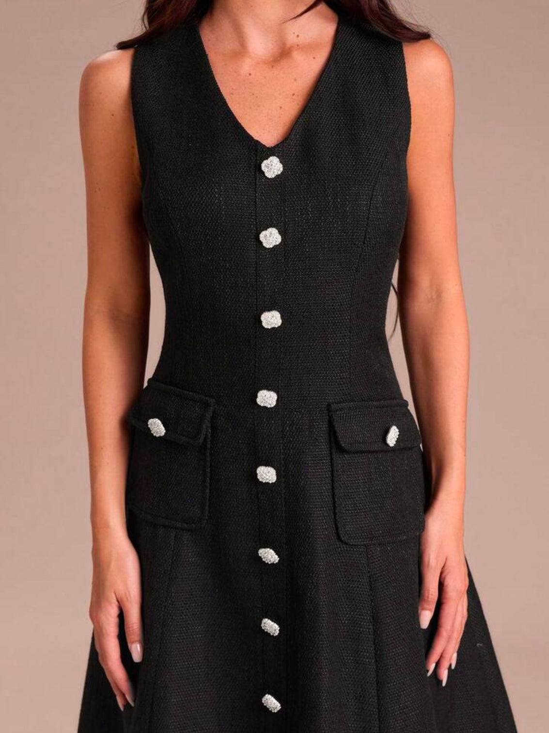 CM-DS919991 Women Elegant Seoul Style V-Neck Sleeveless Woven A-Line Flared Midi Dress With Pockets - Black