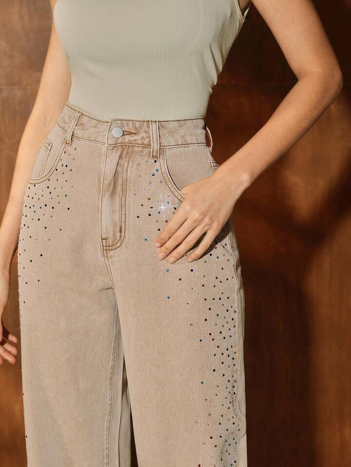 CM-BS742256 Women Casual Seoul Style Mid Waist Rhinestone Embellished Straight Leg Pants - Apricot