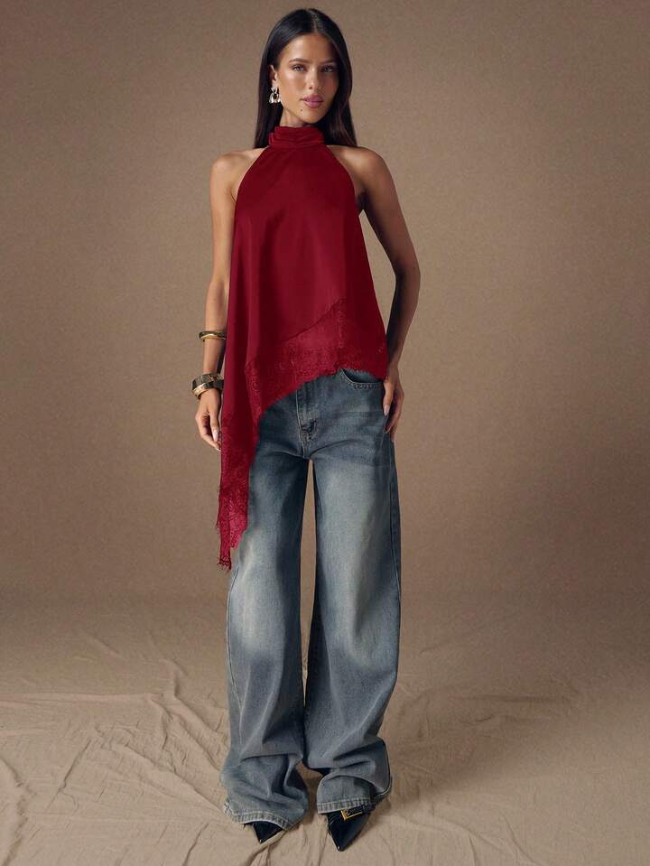 CM-TS422222 Women Elegant Seoul Style Lace Satin Patchwork Sleeveless Trim Backless Camisole Top - Burgundy