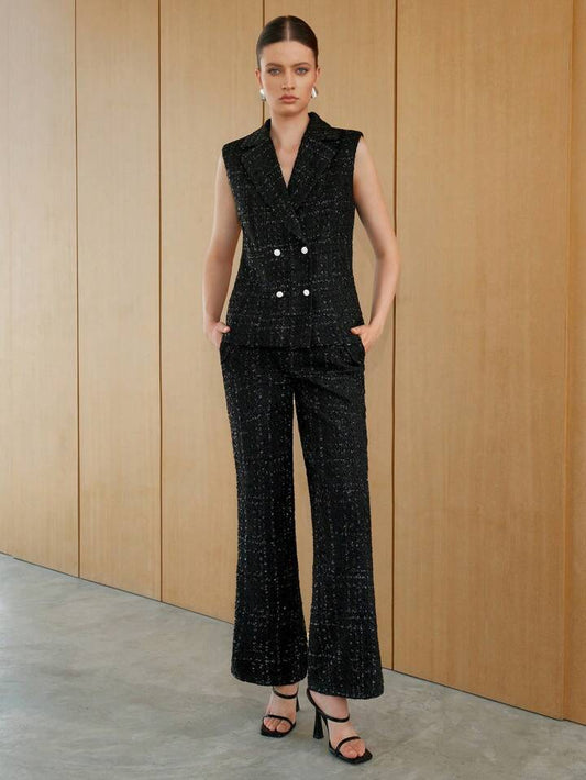 CM-SS218331 Women Elegant Seoul Style Tweed Lapel Collar Diamond Button Waistcoat With Straight Leg Pants Suit