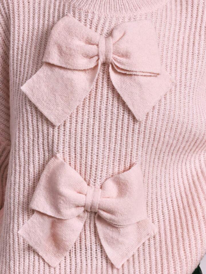 CM-CS237235 Women Casual Seoul Style Stand Collar Drop Shoulder 3D Bow Knit Sweater - Pink