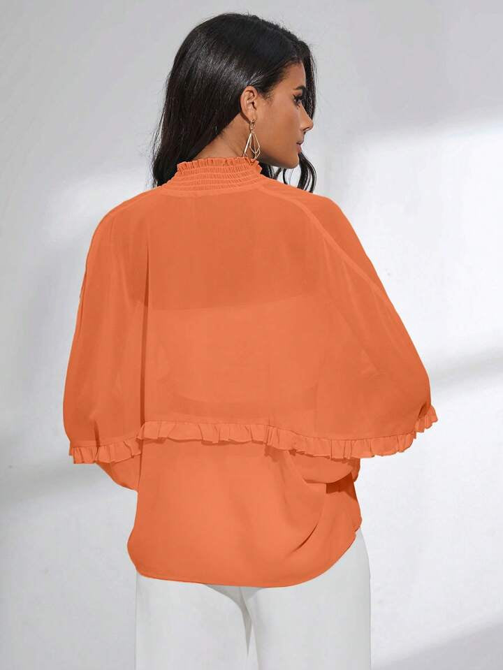 CM-TS542505 Women Trendy Bohemian Style Shirred Neck Batwing Sleeve Sheer Blouse - Orange
