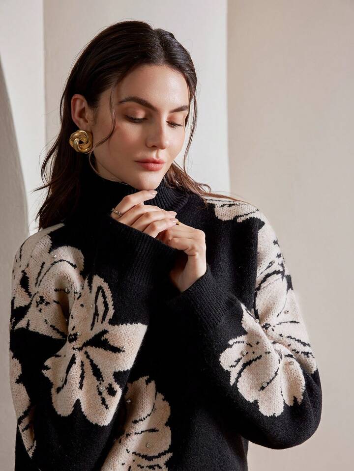 CM-CS877373 Women Casual Seoul Style Stand Collar Long Sleeve Floral Rhinestone Embellished Sweater