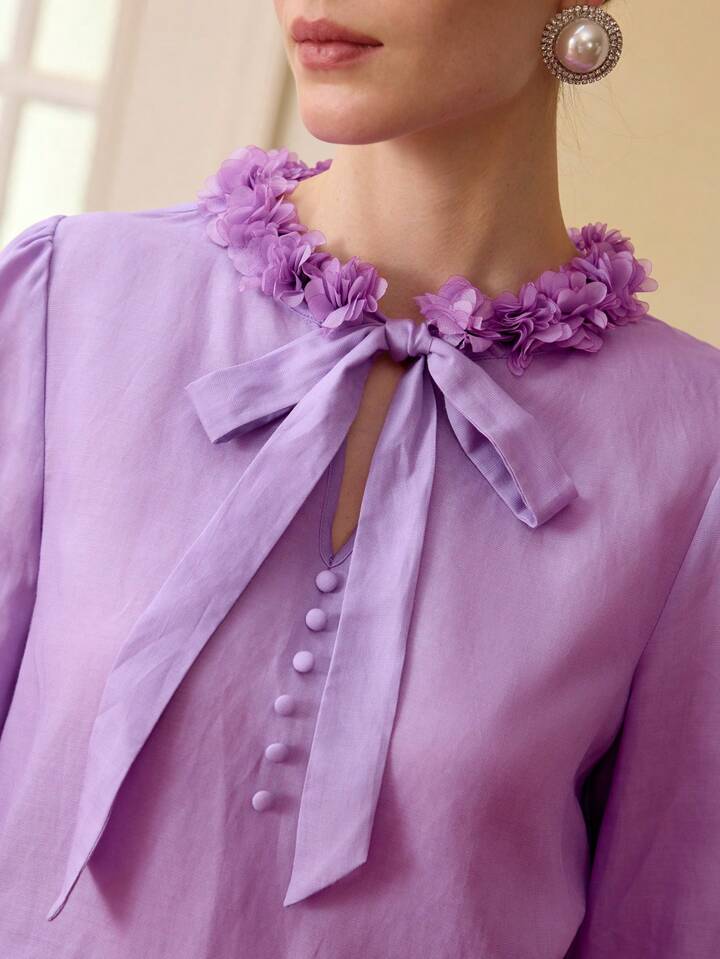 CM-TS111041 Women Elegant Seoul Style Appliques Tie Neck Long Sleeve Linen Blouse - Mauve Purple