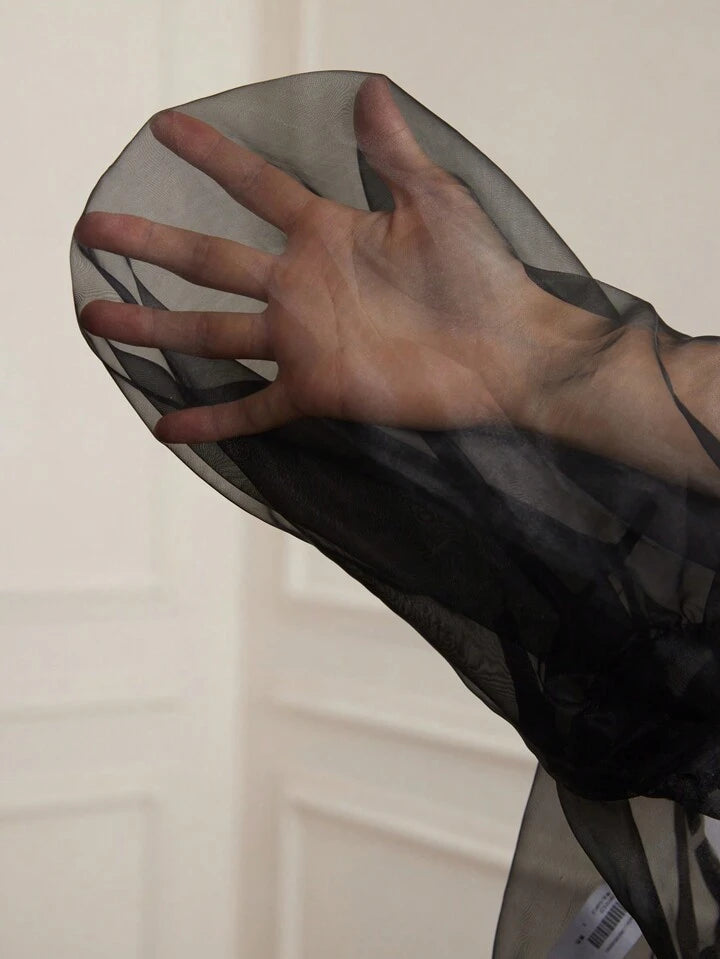 CM-TS026563 Women Elegant Seoul Style Tie Neck Puff Sleeve Organza Sheer Bowknot Blouse - Black