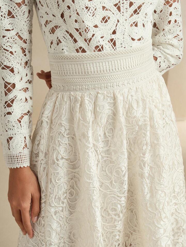 CM-BS269985 Women Elegant Seoul Style High Waist Floral Lace Jacquard Sheer Layered Skirt - Apricot
