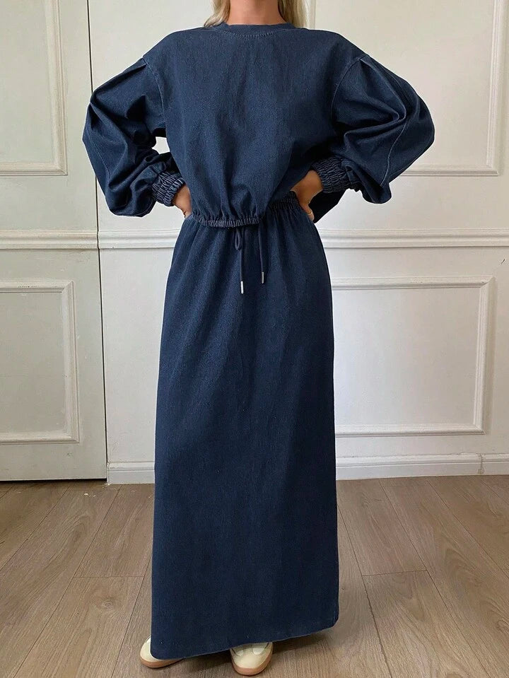 CM-SS921471 Women Casual Seoul Style Solid Color Medium Wash Round Neck Loose Blouse With Denim Skirt - Set