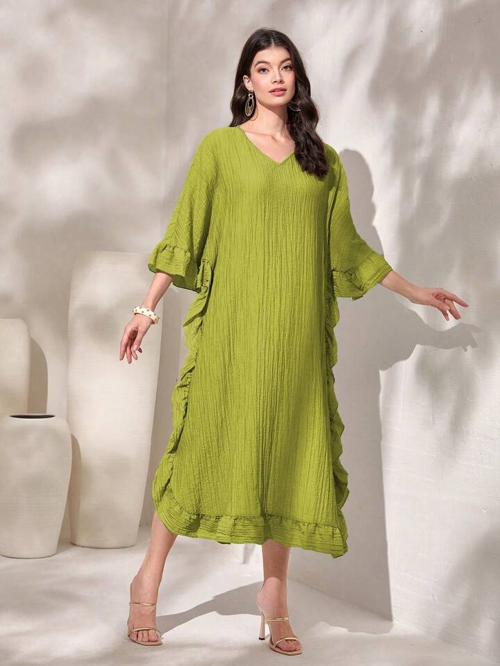 CM-DS823135 Women Casual Seoul Style V-Neck Solid Color Ruffle Hem Swing Dress - Green