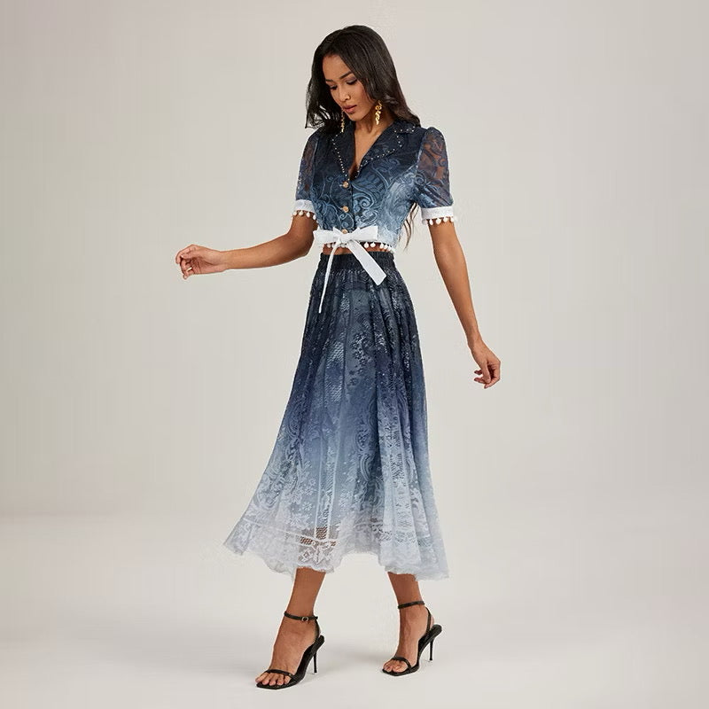 CM-SY044423 Women Elegant European Style Collar Neckline Short Sleeve Cropped Top With Long Skirt - Set