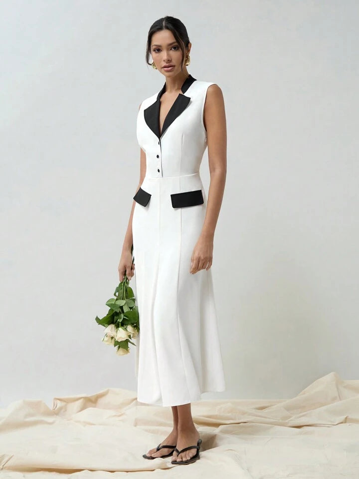 CM-DS902728 Women Elegant Seoul Style Stand Collar Contrast Color Sleeveless Fish Tail Dress