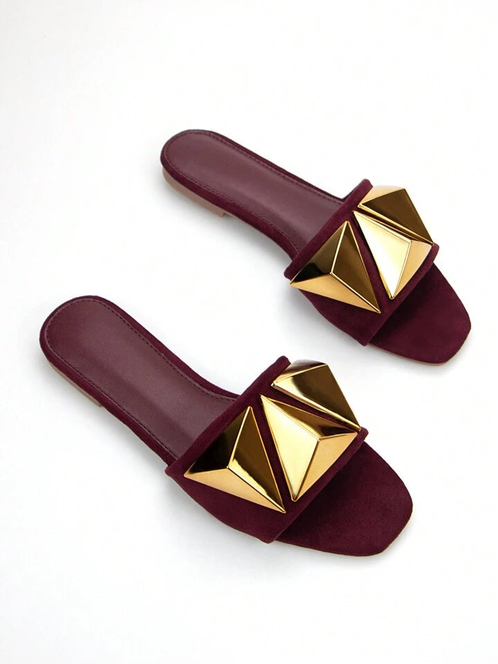 CM-SHS884052 Women Elegant Seoul Style Metallic Studded Decor Slide Sandals - Burgundy