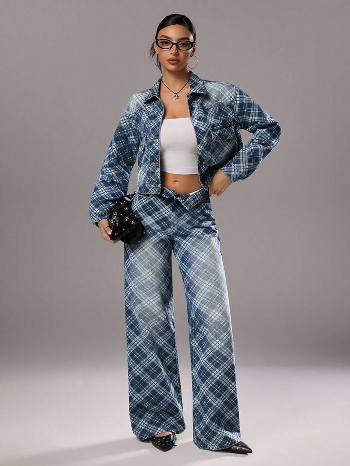 CM-BS676228 Women Casual Seoul Style Medium Wash Diamond Plaid Mid-Waist Wide Leg Jeans